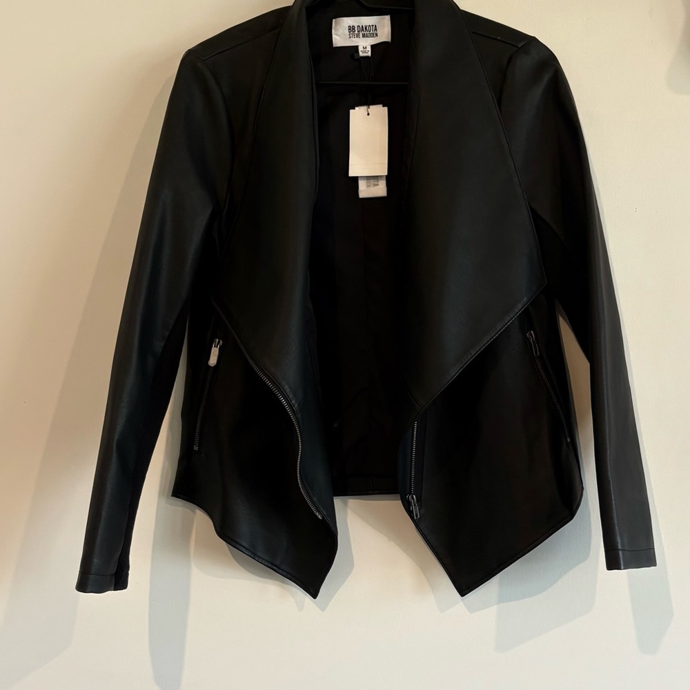 BB Dakota Black Faux Leather Draped Moto Jacket